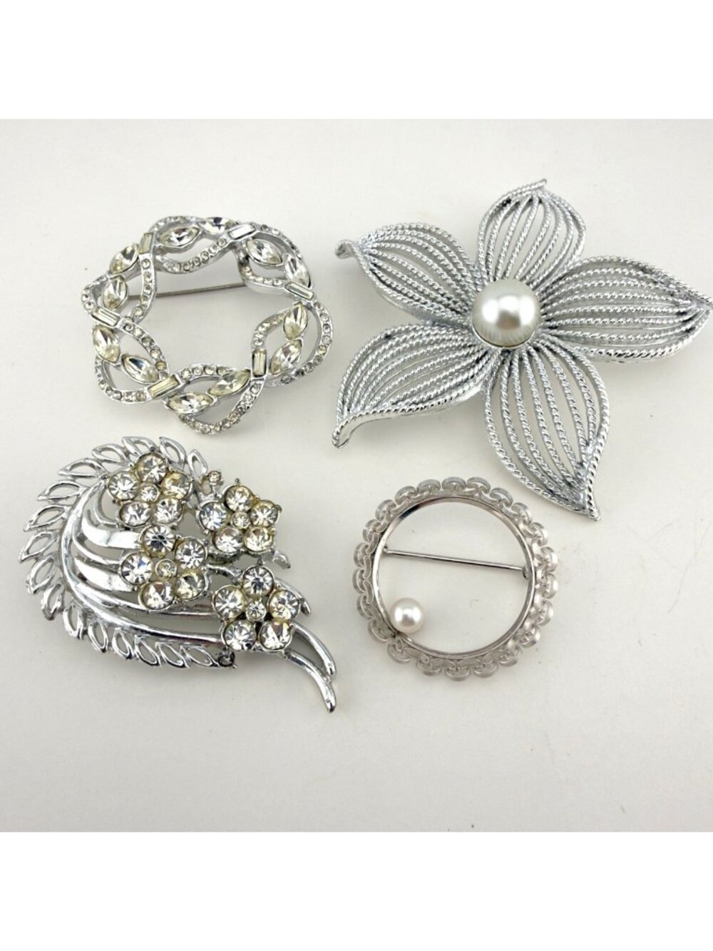 Vintage Brooch Lot Silver Tone Faux Pearl Rhinestone Krementz Sarah Coventry SEE